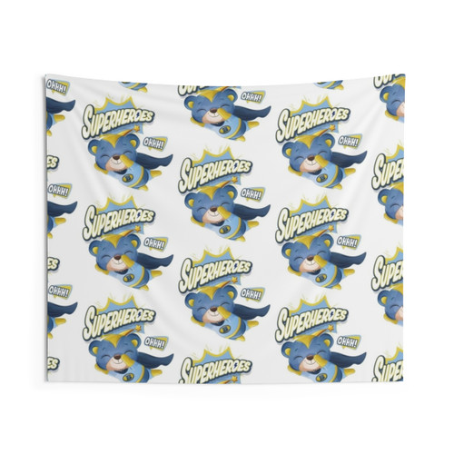 Cartoon superhero bear flying tapestry