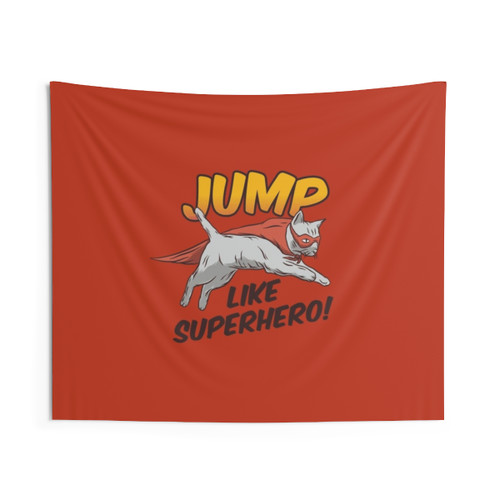 Superhero cat jumping tapestry