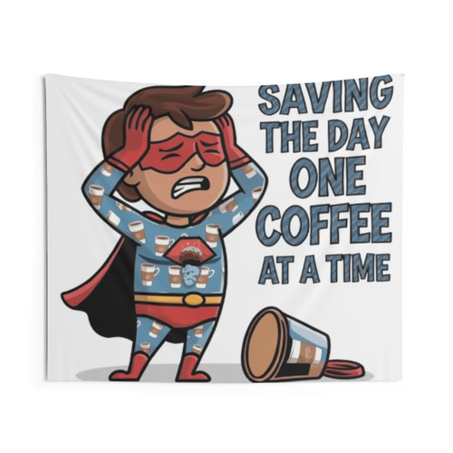 Superhero Coffee Lover Tapestry featuring a little superhero character