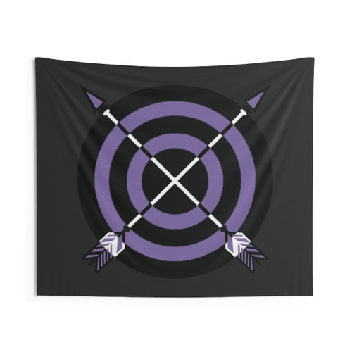Vintage-inspired tapestry featuring a purple superhero archer character
