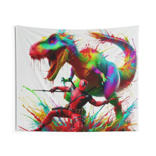 Multicolored abstract tapestry featuring a battle between dinosaurs and superheroes