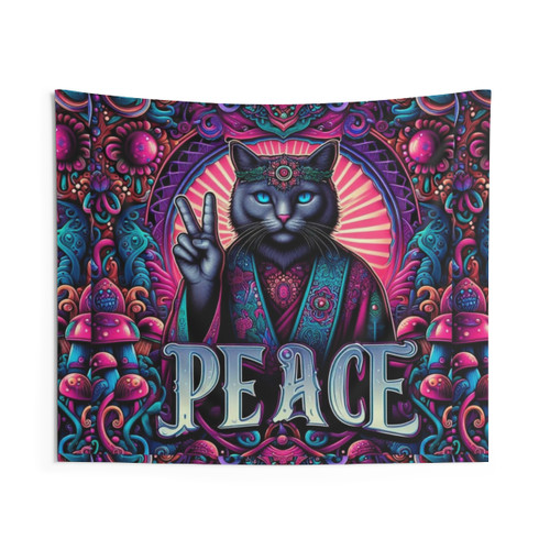 Psychedelic Cat Tapestry with Neon Mushroom Forest
