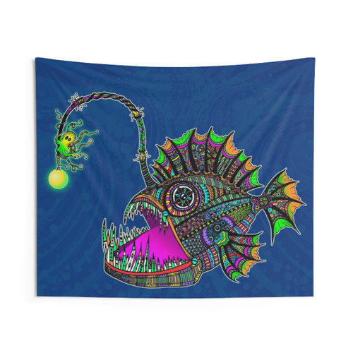 Psychedelic angler fish tapestry wall art