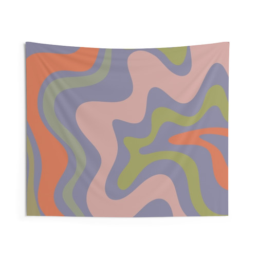 Retro abstract pattern tapestry in lavender blue, celadon, lime green, cantaloupe orange, and pale pink