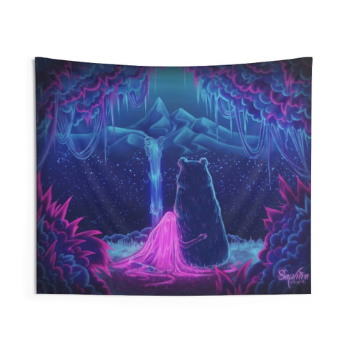 Fantasy tapestry artwork depicting a girl with a bear in a magical landscape