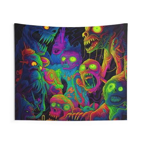Blacklight Trippy Monsters Tapestry