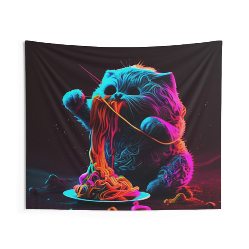 Cat Eating Spaghetti Trippy Tapestry