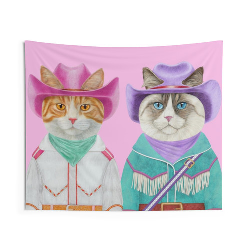 Cowboy Cats Tapestry featuring a Ginger Cat and Ragdoll Cat in Western-inspired Attire