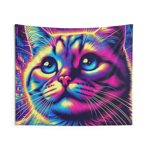 Synthwave Cat Dreamscape Digital Artwork Tapestry