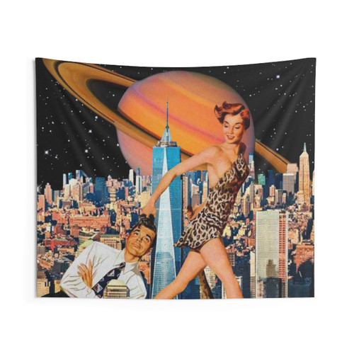 Surreal collage tapestry featuring nature and mystical elements