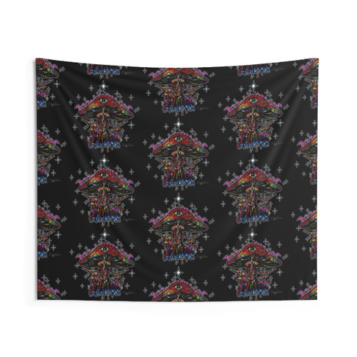 Psychedelic mushroom tapestry with vibrant colors and surreal design