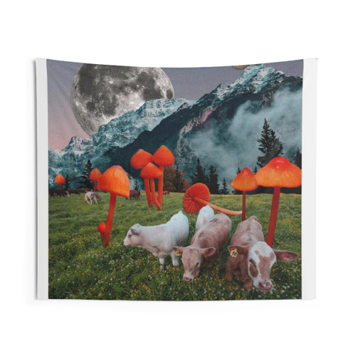 Trippy Cows and Mushrooms Tapestry Wall Decor