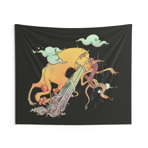 Surreal art tapestry featuring a strange cat and snake