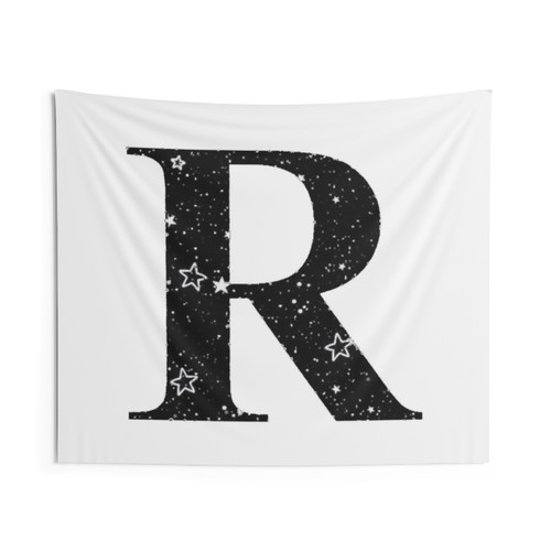 Letter R Tapestry with White Stars on Black Sky