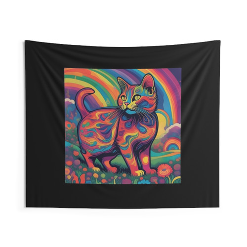 Retro Trippy Cat Meadow Tapestry