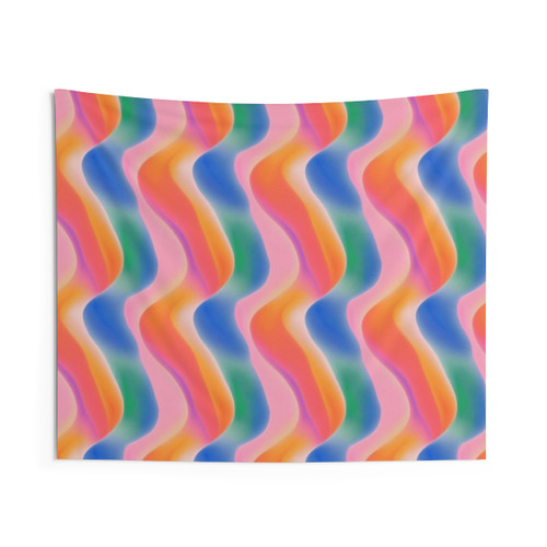 Psychedelic rainbow tapestry with swirling waves of color