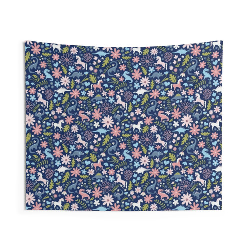 Dinosaur and Unicorn Themed Tapestry in Royal Blue