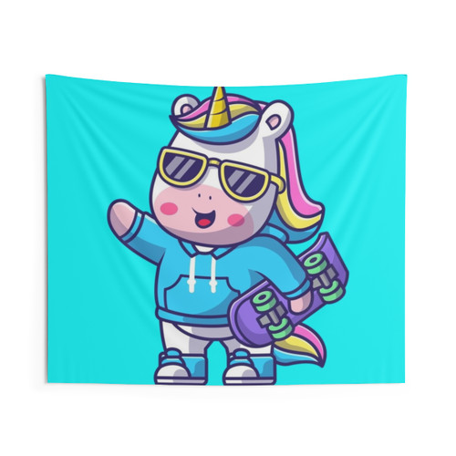 Cute raver unicorn with skateboard tapestry