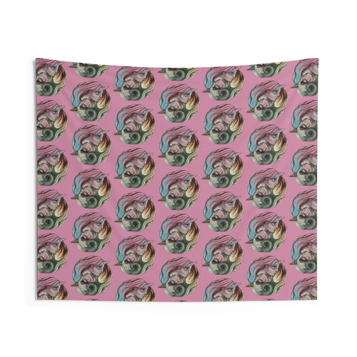 Good pink unicorn witch and bad green horned witch tapestry