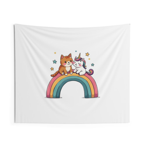 Colorful unicorn and cat tapestry