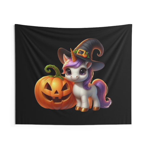 Enchanted Unicorn with Pumpkin Halloween Tapestry