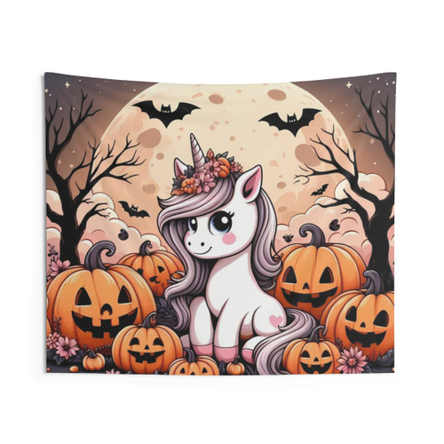 Adorable Unicorn in a Halloween Pumpkin Patch Tapestry