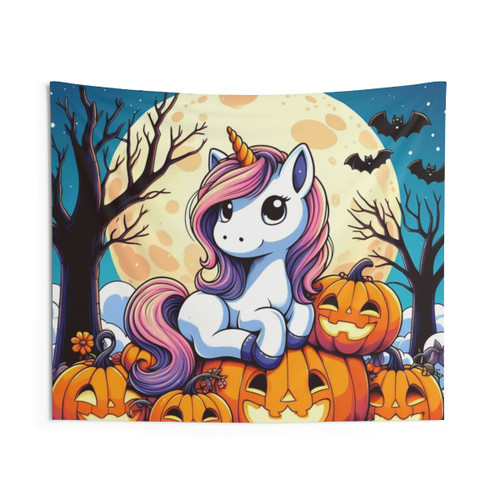 Adorable Unicorn in a Halloween Pumpkin Patch Tapestry