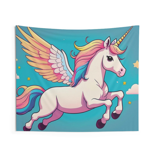 Rainbow Unicorn Tapestry Depicting Magical Sky Dance