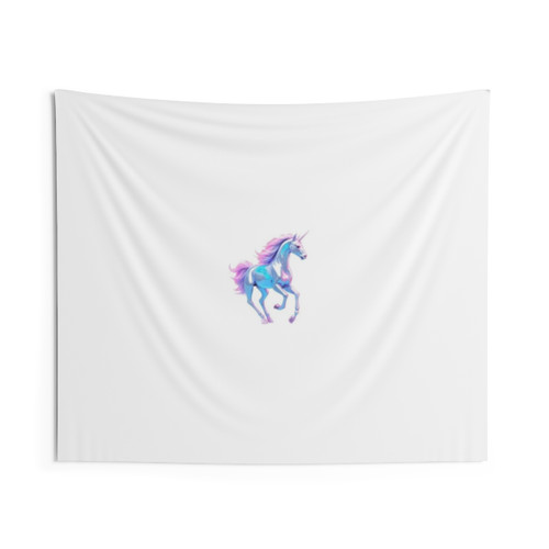 Futuristic metallic unicorn tapestry with neon glow and holographic effects