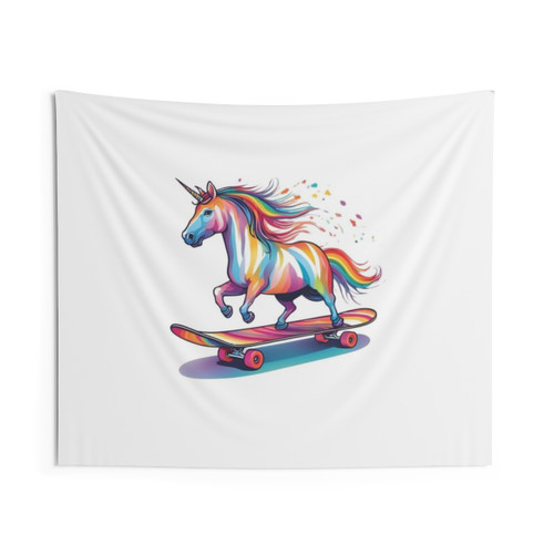 Colorful skateboarding unicorn tapestry