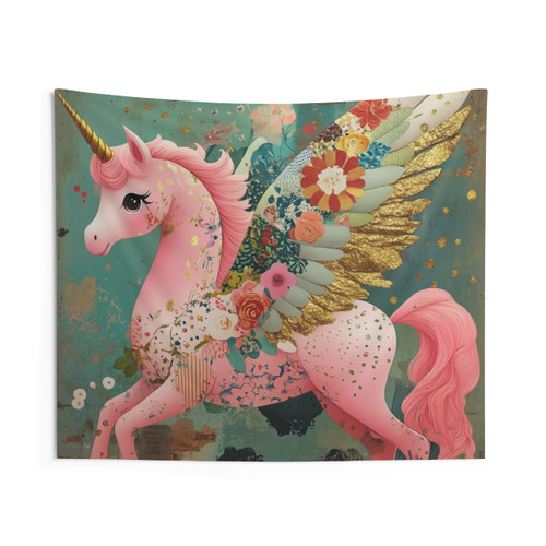 Pink and gold winged unicorn fantasy illustration tapestry