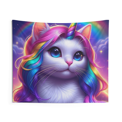 Magical unicorn cat tapestry with rainbow hair and horn