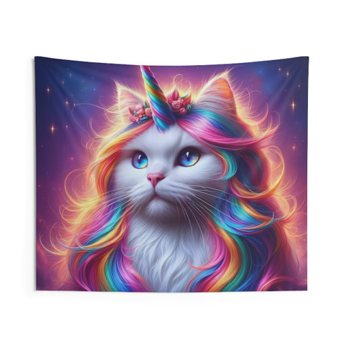 Magical caticorn with rainbow hair and horn tapestry