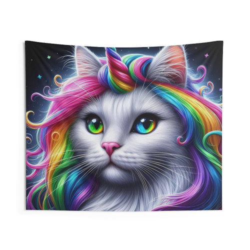 Enchanted unicorn cat with rainbow hair and horn tapestry