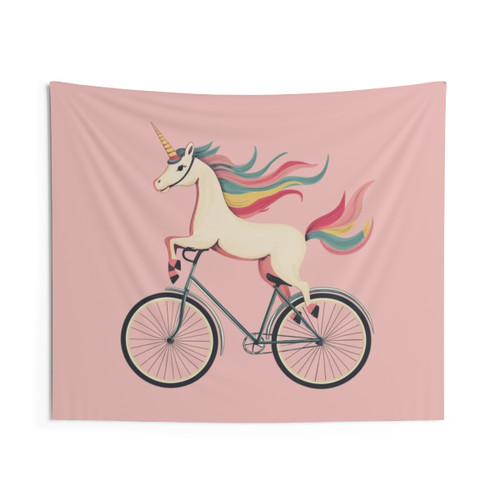 Unicorn on Bicycle Tapestry - Whimsical Fantasy Art