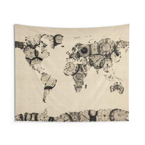 World Map Tapestry with Vintage Clock Artwork