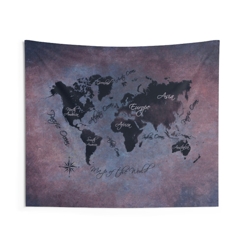World Map Tapestry with Red and Blue Typography Design