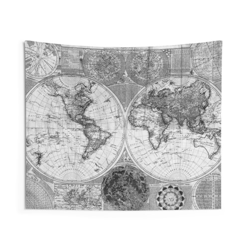 Black and White Vintage World Map Tapestry