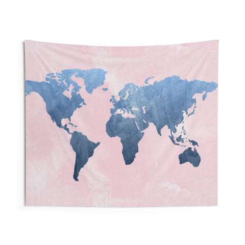 Stunning world map tapestry wall hanging with pink watercolor design