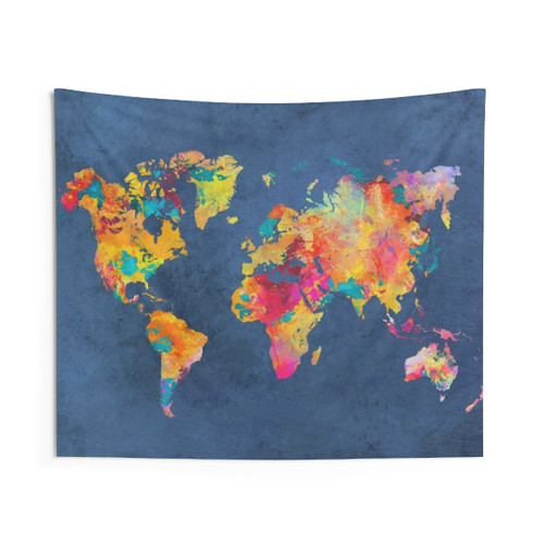 Blue World Map Tapestry with Typographic Design