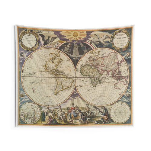 Vintage 1668 World Map Tapestry Wall Hanging