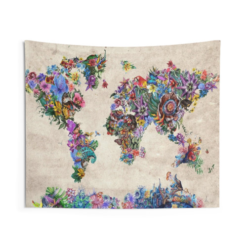 Colorful world map tapestry with floral design