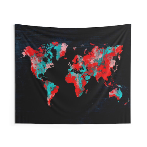 World Map Tapestry - Red & Blue Cartography