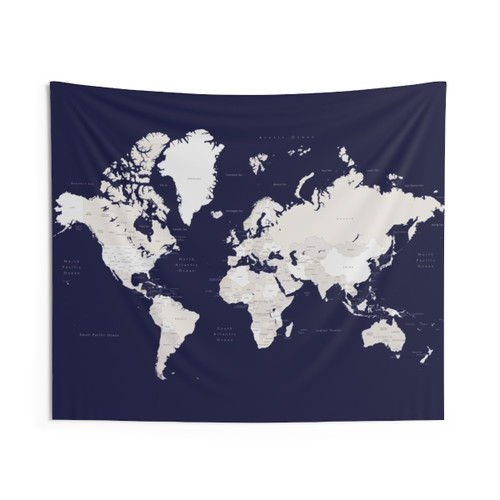 Detailed world map tapestry in navy blue and cream
