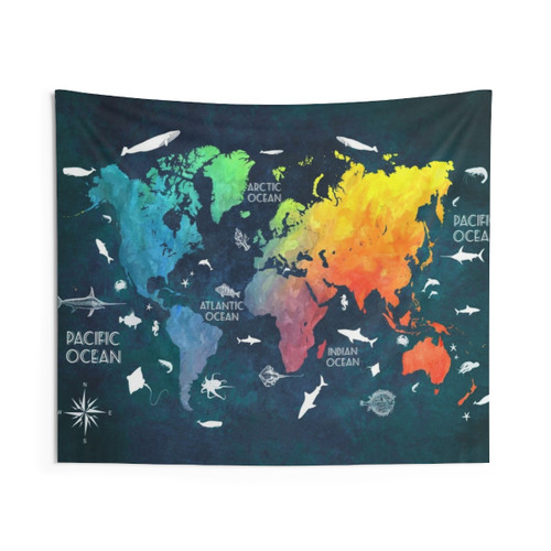 Colorful World Map Tapestry with Oceans Life Design