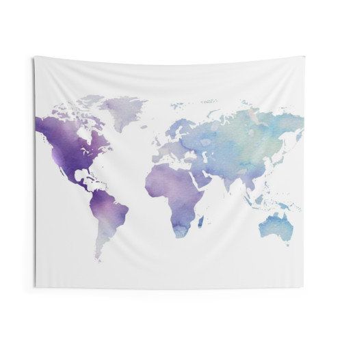 Blue and purple watercolor world map tapestry