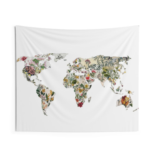 Vintage Botanical World Map Tapestry