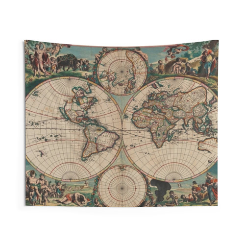 Vintage World Map Tapestry - 1670 Amsterdam Design