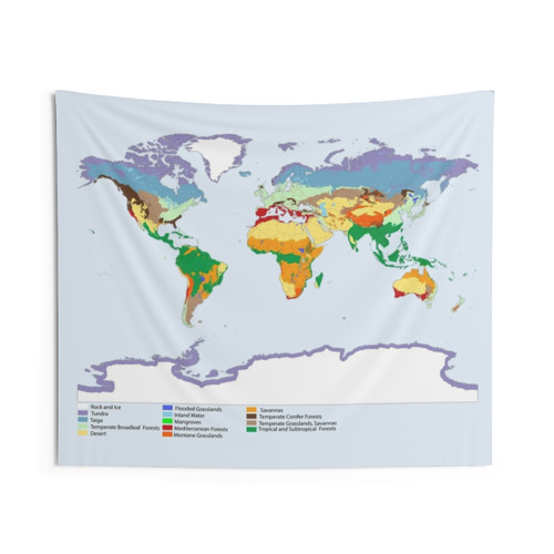 World Map Tapestry Showcasing Major Biomes and Ecosystems