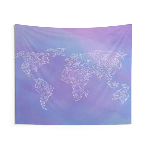 Flowers World Map Watercolor Tapestry